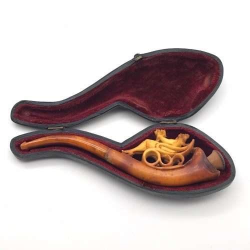 Antique Carved Meerschaum & Amber Pipe (Cased)