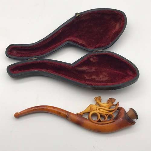 Antique Carved Meerschaum & Amber Pipe (Cased)