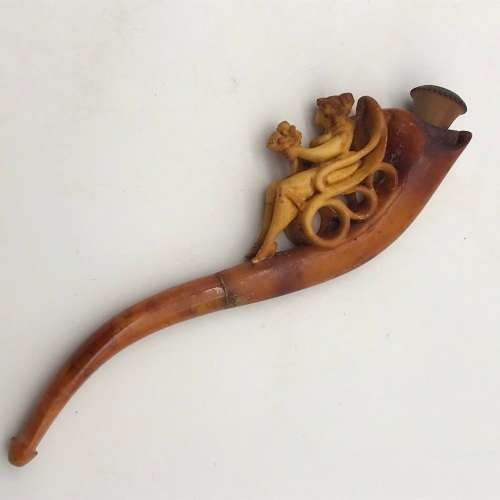 Antique Carved Meerschaum & Amber Pipe (Cased)