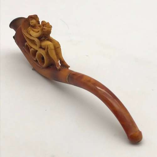 Antique Carved Meerschaum & Amber Pipe (Cased)
