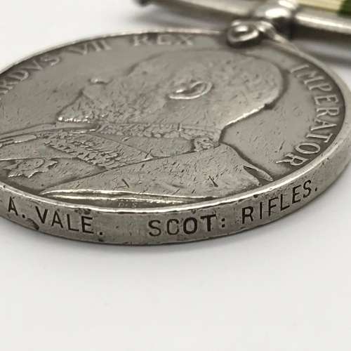 Boer War - K.S.A. Medal (2 clasps) `SERJT. A. VALE - Scottish Rifles`