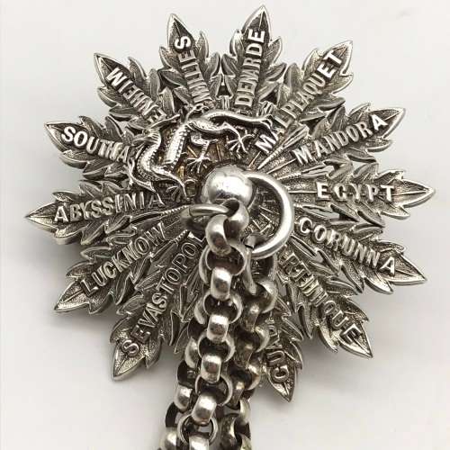 Victorian Solid Silver `Cameronians` Cross Belt Boss, Chains & Whistle (Scottish Rifles)