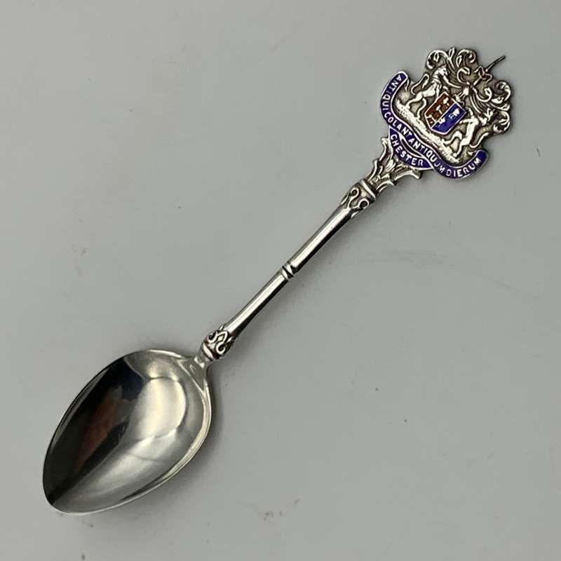 Early Solid Silver & Enamel `Chester` Souvenir Spoon