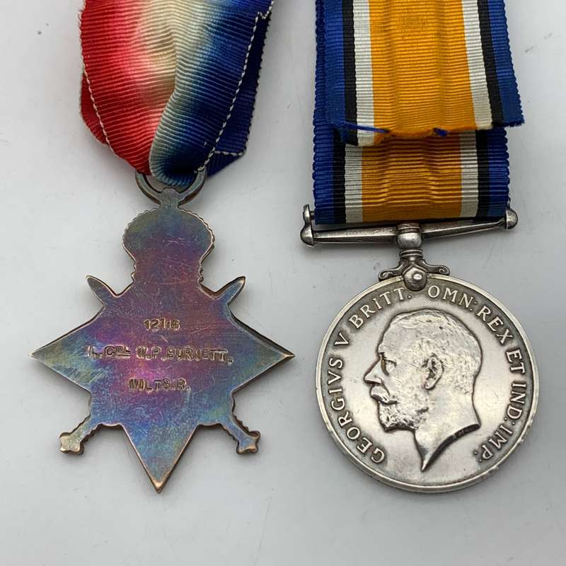 WW1 - 'K.I.A.' Medals to 'C. SJT. W.P. BURNETT' (Wiltshire Reg.)