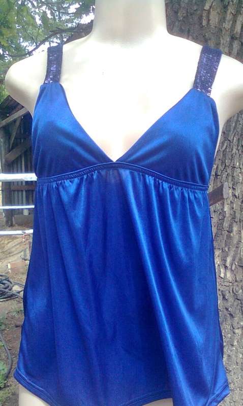 BLUE TOP WITH SEQUIN STRAPS (NEW) - SIZE: MEDIUM