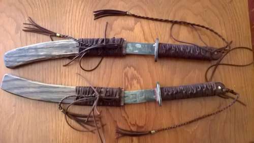 Matched pair of Oak Sheethed Hand Forged and Acid etched Tanto's (each 40cm long)