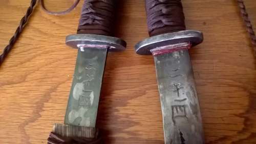 Matched pair of Oak Sheethed Hand Forged and Acid etched Tanto's (each 40cm long)
