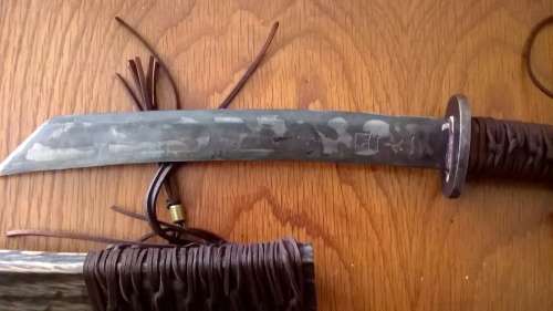 Matched pair of Oak Sheethed Hand Forged and Acid etched Tanto's (each 40cm long)
