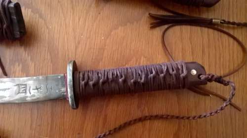 Matched pair of Oak Sheethed Hand Forged and Acid etched Tanto's (each 40cm long)