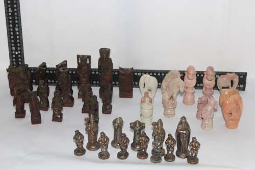 AMAZING LOT! 39 CHESS PIECES INCL. HAND CARVED WOODEN CHINESE, HANDCARVED STONE & VINTAGE CAST METAL