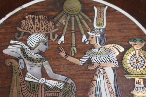 1970S EGYPTIAN OLIVE WOOD PLATE WITH INTRICATE INLAYS OF MOTHER OF PEARL IVORY AND VARIOUS METALS