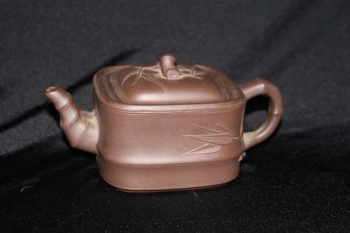 EXQUISITE ANTIQUE HAND MADE ORIENTAL BAMBOO STYLED CLAY TEAPOT WITH MAKERS MARKS