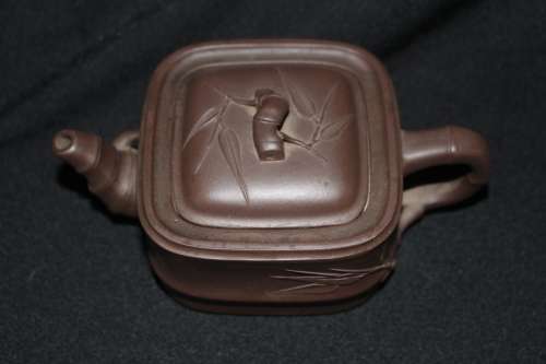 EXQUISITE ANTIQUE HAND MADE ORIENTAL BAMBOO STYLED CLAY TEAPOT WITH MAKERS MARKS