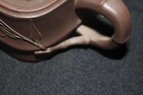 EXQUISITE ANTIQUE HAND MADE ORIENTAL BAMBOO STYLED CLAY TEAPOT WITH MAKERS MARKS