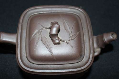 EXQUISITE ANTIQUE HAND MADE ORIENTAL BAMBOO STYLED CLAY TEAPOT WITH MAKERS MARKS