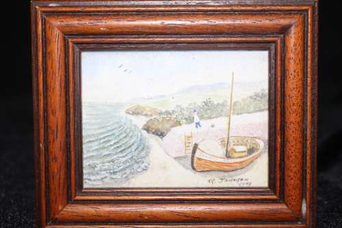 2of3 ORIGINAL WATER COLOUR BY AUSTRALIAN FINE ARTIST KEN JOHNSON TITLED "BY THE QUAYSIDE" 11.2X9.4CM