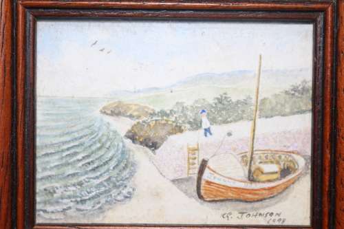2of3 ORIGINAL WATER COLOUR BY AUSTRALIAN FINE ARTIST KEN JOHNSON TITLED "BY THE QUAYSIDE" 11.2X9.4CM