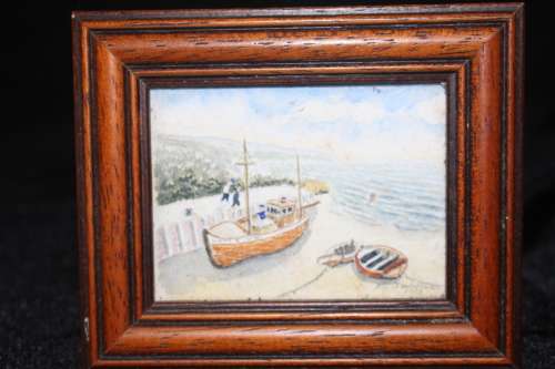 3of3 WATER COLOUR BY AUSTRALIAN FINE ARTIST KEN JOHNSON TITLED "BOATS AT THE QUAYSIDE" 11.2X9.4CM