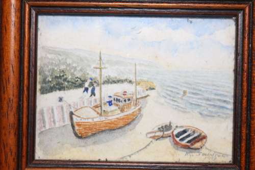 3of3 WATER COLOUR BY AUSTRALIAN FINE ARTIST KEN JOHNSON TITLED "BOATS AT THE QUAYSIDE" 11.2X9.4CM
