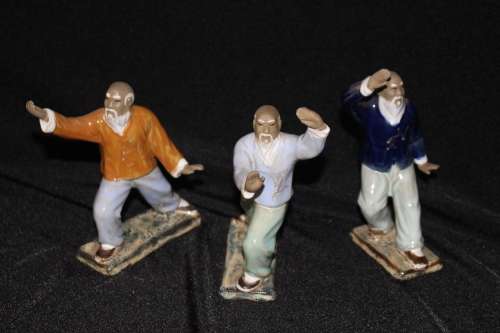 RARE SET OF 3 VINTAGE HAND MADE CHINESE TAI CHI ENAMEL GLAZED CERAMIC FIGURES
