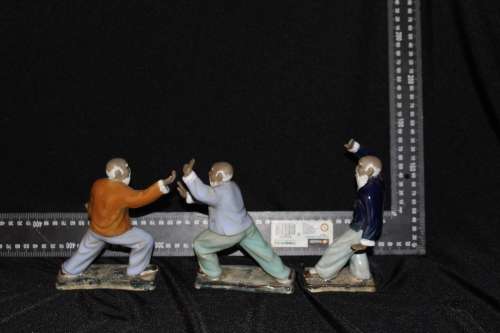 RARE SET OF 3 VINTAGE HAND MADE CHINESE TAI CHI ENAMEL GLAZED CERAMIC FIGURES