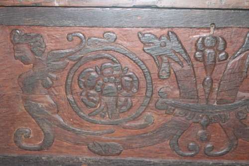 250+ year old 18th century Hand carved French oak Coffer with spectcular mermaid motifs, 112cmx49x54