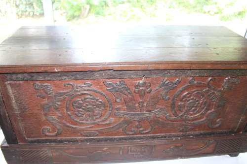 250+ year old 18th century Hand carved French oak Coffer with spectcular mermaid motifs, 112cmx49x54