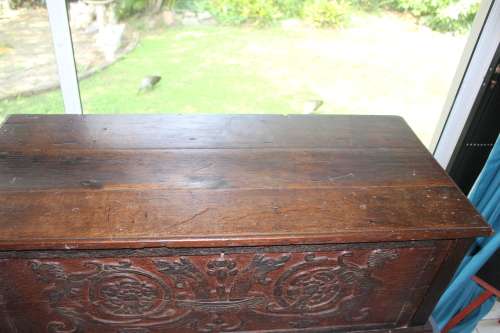250+ year old 18th century Hand carved French oak Coffer with spectcular mermaid motifs, 112cmx49x54