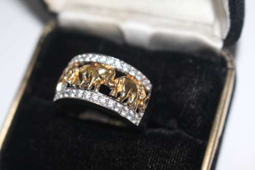 STERLING AND 14K GOLD CLAD ORIGINAL TOVA, DIAMONIQUE, ELEPHANT RING 8.95GRAMS
