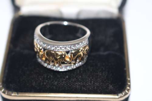 STERLING AND 14K GOLD CLAD ORIGINAL TOVA, DIAMONIQUE, ELEPHANT RING 8.95GRAMS