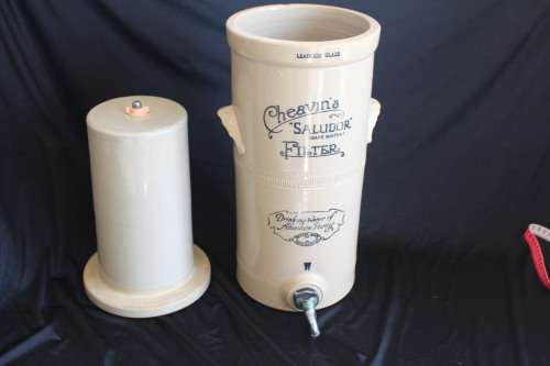 ANTIQUE SALT GLAZED VICTORIAN "CHEAVINS" SALUDOR WATER FILTER CIRCA 1850'S-1890'S
