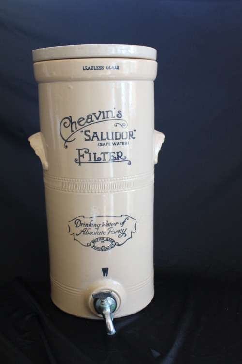 ANTIQUE SALT GLAZED VICTORIAN "CHEAVINS" SALUDOR WATER FILTER CIRCA 1850'S-1890'S