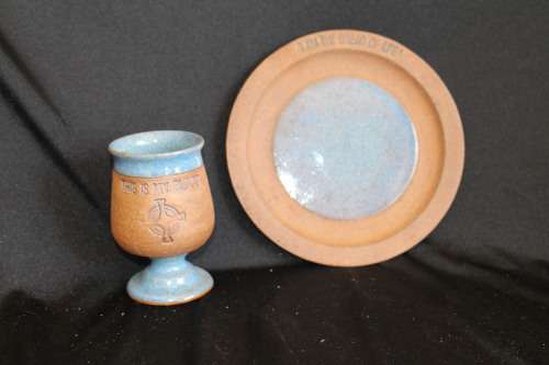 Hand Made Vintage Holy Communion Chalice and Paten set signed "Down to Earth" 11cm tall