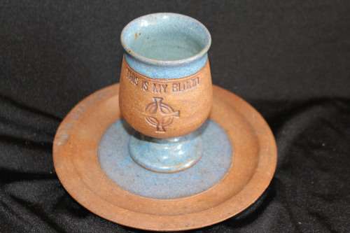 Hand Made Vintage Holy Communion Chalice and Paten set signed "Down to Earth" 11cm tall