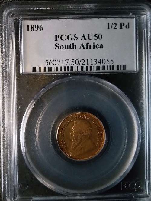 1896 ZAR KRUGER GOLD D/S  HALFPOND PCGS AU50