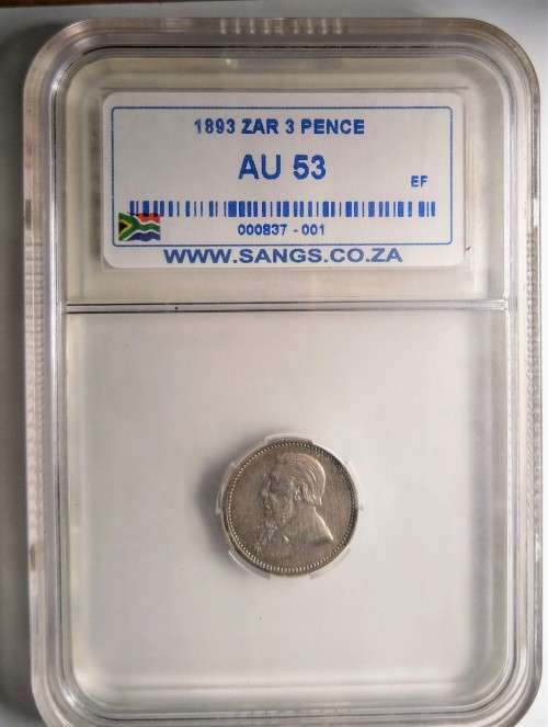 1893 Tickey (3 Pence) ZAR KRUGER GRADED AU53 .