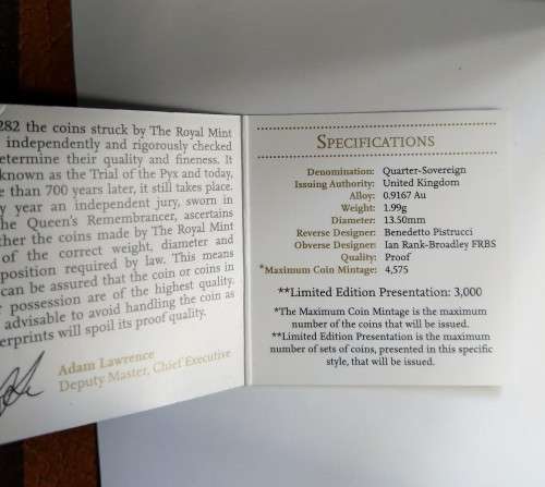 2014 GOLD UK QUARTER SOVEREIGN -LIMITED EDITION 168/3000  - FREE POSTNET DELIVERY