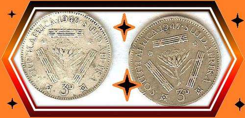 Bargain!! 1946 & 1947 3d SILVER .8 THREEPENCE TICKEY - One bid for both : R5 each