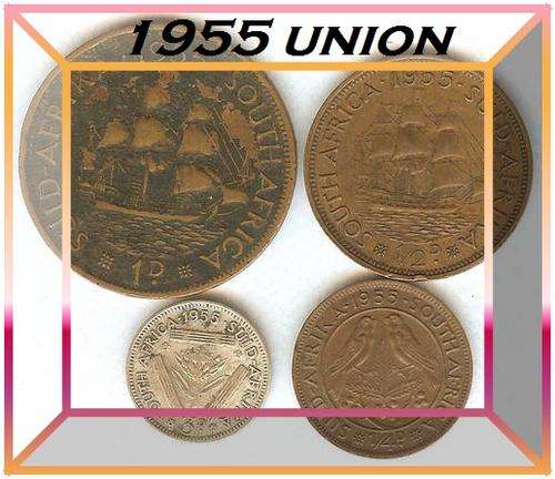 1955 SA UNION 1d PENNY, 1/2d HALF PENNY, 1/4d FARTHING AND 3d THREE PENCE