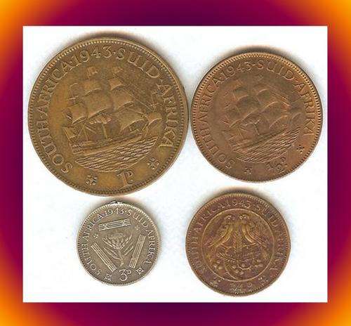1943 SA UNION 1d PENNY, 1/2d HALF PENNY, 1/4d FARTHING AND 3d THREE PENCE