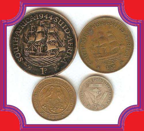 BARGAIN!!! 1944 SA UNION: 1d PENNY, 1/2d HALF PENNY, 1/4d FARTHING AND 3d THREE PENCE
