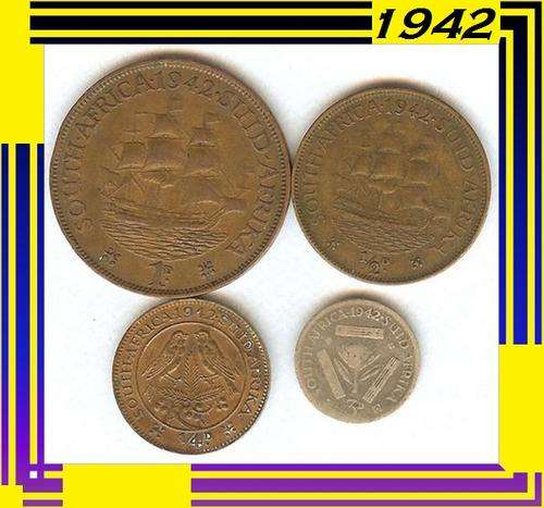 1942 SA UNION Collection: 1d PENNY, 1/2d HALF PENNY, 1/4d FARTHING and 3d THREE PENCE (Tickey)