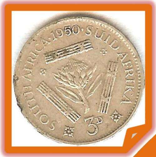 1950 3d SILVER THREEPENCE TICKEY : SA Union : With Die error S (Suid)