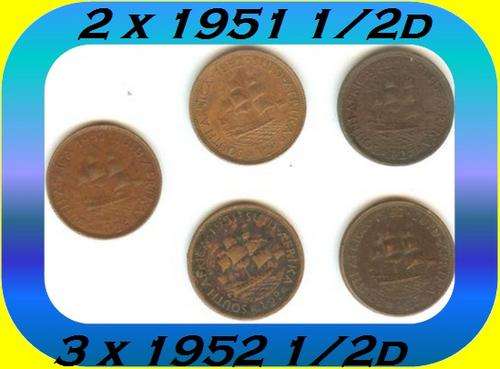 Bargain!!! 5 X 1/2d HALFPENNY, 2 x 1951, 3 x 1952 : South Africa - one bid for all