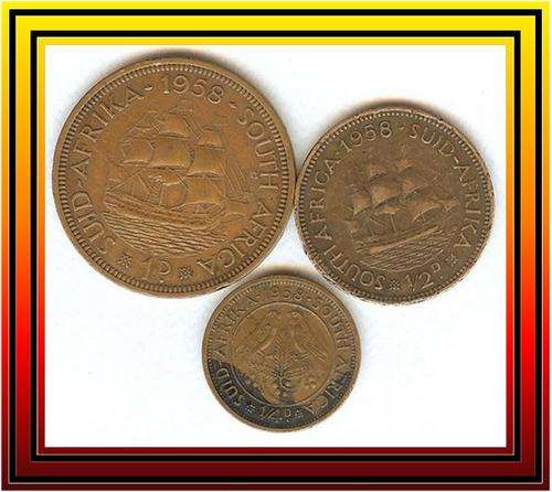 BARGAIN!! 1958 Union of SA Collection:  1D Penny, 1/2D Half Penny, 1/4D Farthing - One bid for all!!