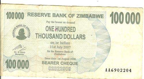 100 000 DOLLARS BEARER CHEQUE - ZIMBABWE - AS PER SCAN