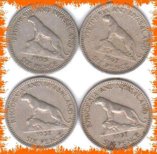 1955 Sixpence * Rhodesia and Nyasaland - Low Mintage 400K, as per scan, plus 2 x 1957, 1 x 1962