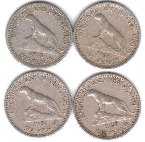 1955 Sixpence * Rhodesia and Nyasaland - Low Mintage 400K, as per scan, plus 2 x 1957, 1 x 1962 