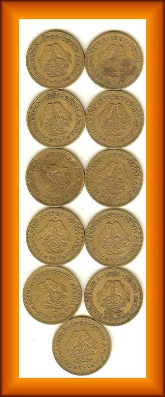 1961 1/2c HALF CENT - VAN RIEBEECK - BIDDING PER COIN