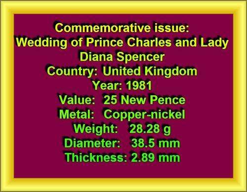 1981 25 nEW PENCE Commemorative issue Wedding of Prince Charles and Lady Diana Spencer Obverse